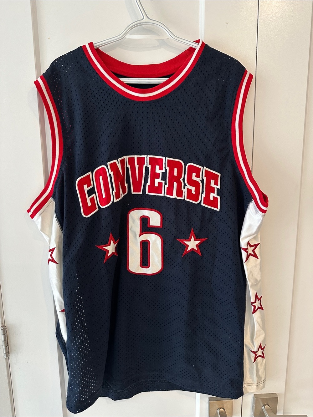 Vintage Converse Navy Blue and Red #6 Basketball Jersey W/ Star Motif - Size XXL